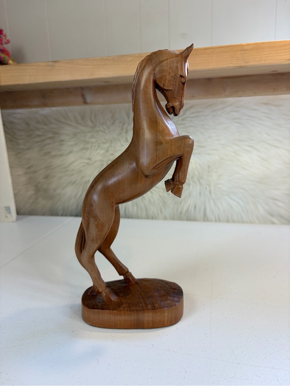 Vintage Hand Carved Wood Rearing Horse Stallion Figurine Equestrian Decor Art